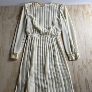 Vintage Lisa Michaels Dress Womens 14 White Pleated Long Sleeve Midi Formal
